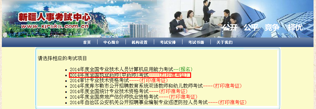 新疆自治区2014年执业药师考试准考证打印入