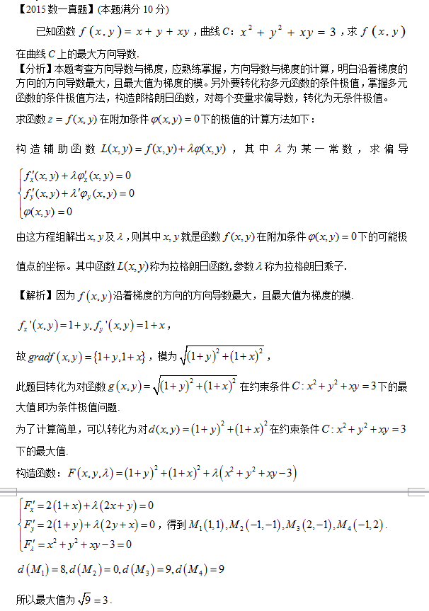 2015考研数学一真题解析:-极值、方向导数和梯