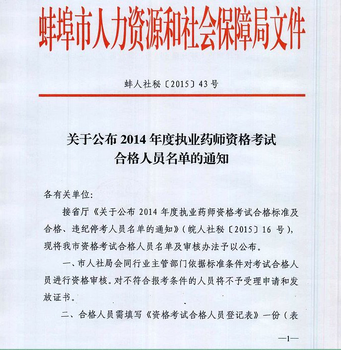 安徽蚌埠市2014年执业药师考试合格人员名单