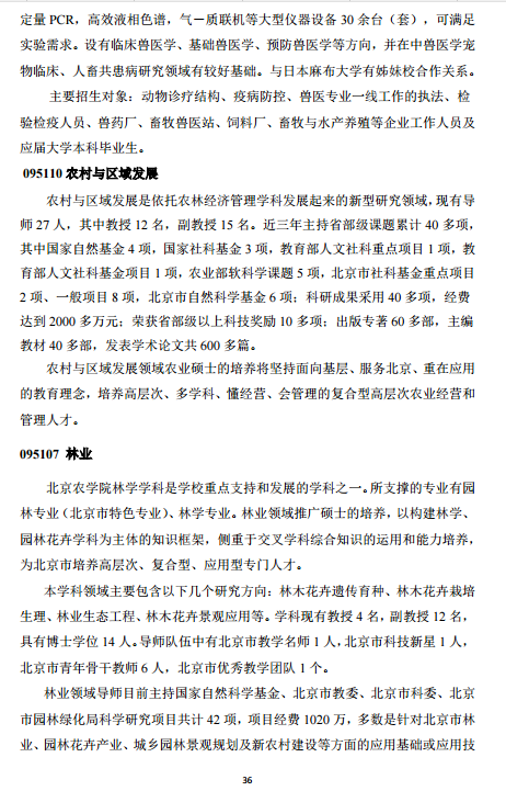 北京农学院全日制专业学位硕士研究生招生领域