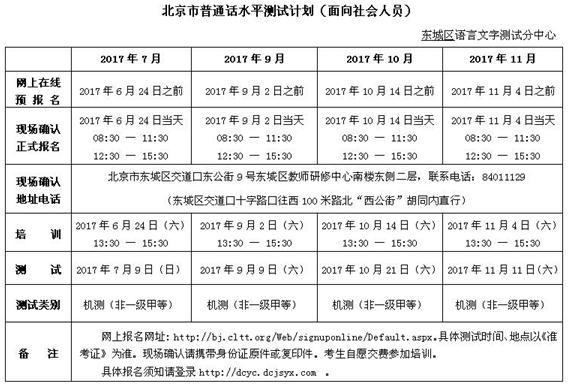 2017北京普通话水平测试(机测)测试计划(7-12