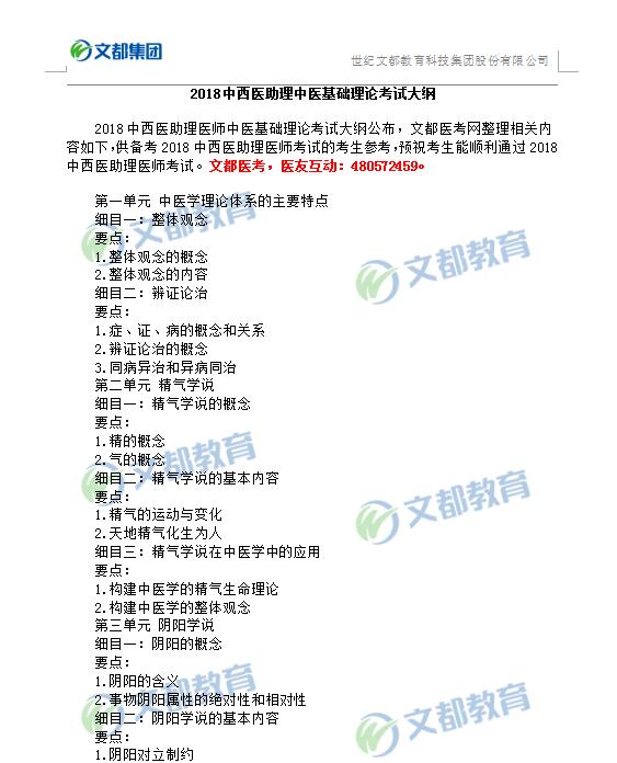 2018中西医助理中医基础理论考试大纲